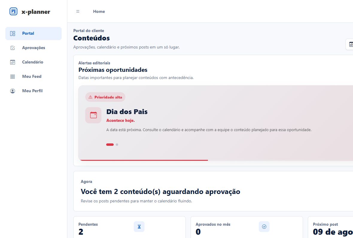 Portal do cliente com conteúdos pendentes, atalhos de aprovação e próximo post