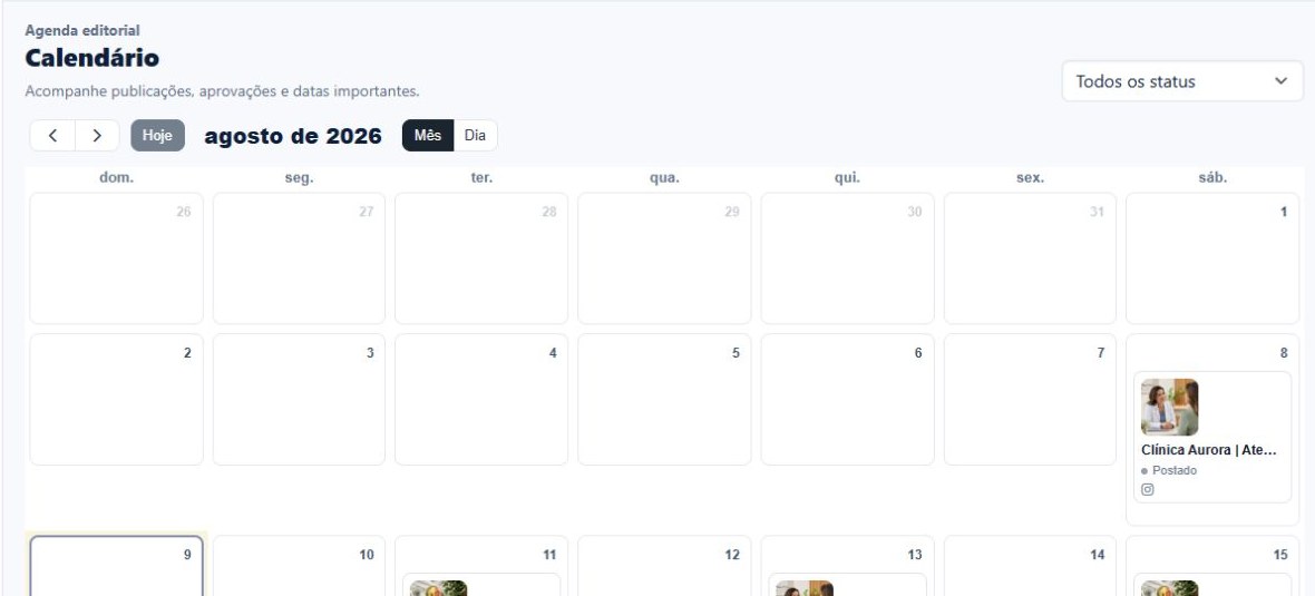 Tela real do calendário editorial mensal com conteúdos em diferentes status